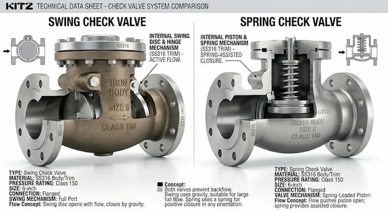 So sánh swing check valve và spring check valve