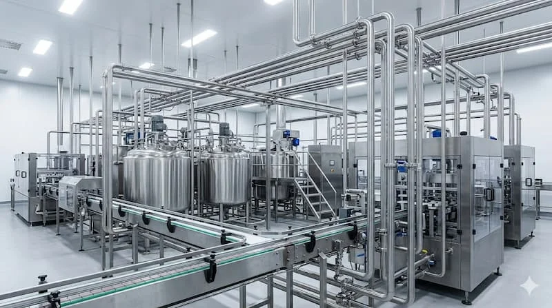 Hệ thống đường ống inox trong nhà máy thực phẩm
