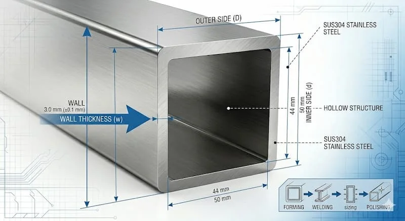 Ảnh so sánh cấu tạo và mặt cắt ống vuông inox
