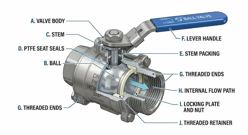 Ảnh Cấu Tạo Van Bi Tay Gạt DN20