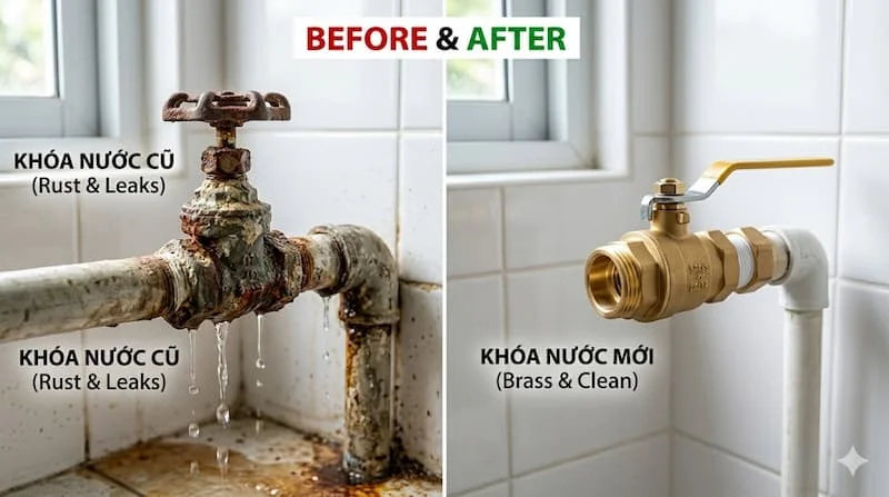So sánh khoá nước cũ bị hỏng và khoá nước mới