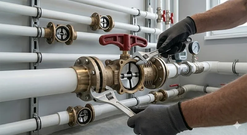Thợ kỹ thuật đang thao tác với khóa nước