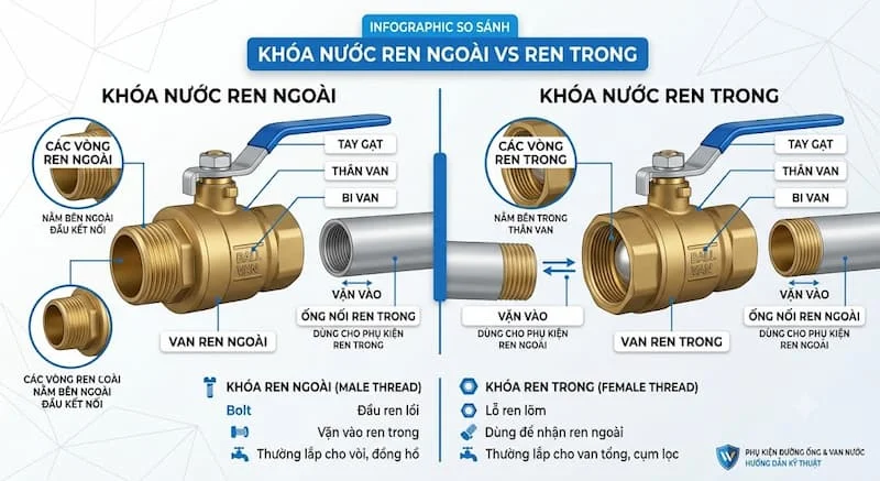 So sánh khóa nước ren ngoài và ren trong