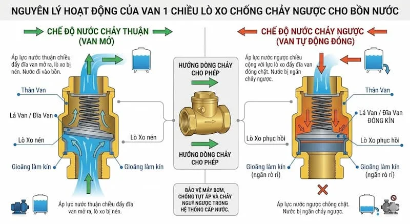 Minh họa nguyên lý hoạt động của van 1 chiều