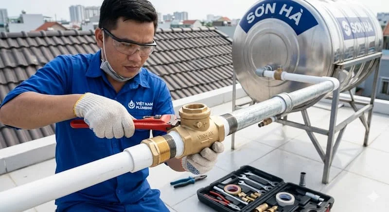 Thợ kỹ thuật đang lắp van 1 chiều cho bồn nước