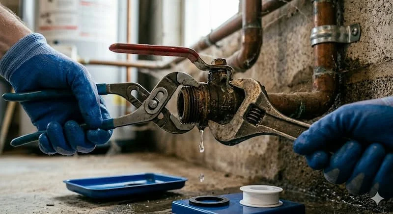 Kỹ thuật viên đang sửa van nước bị rò