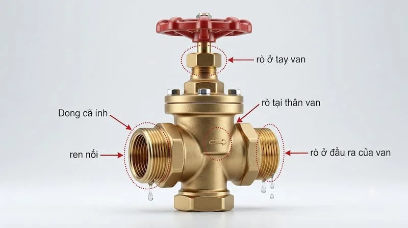 Cận cảnh các vị trí van nước bị rò rỉ