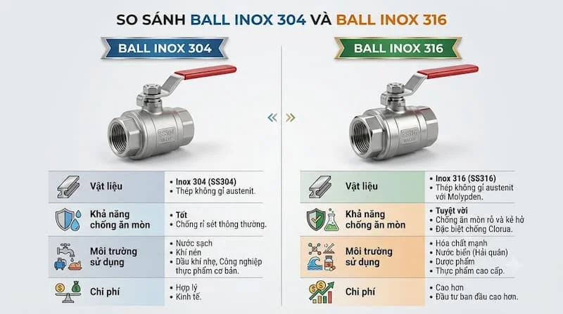 So sánh van bi inox 214 và 316