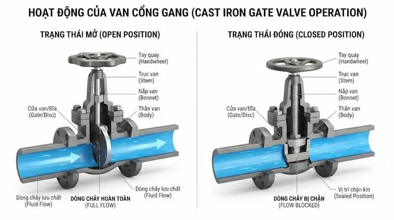 Hình ảnh nguyên lý hoạt động của van cổng gang