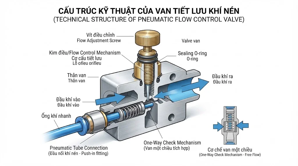 Ảnh cấu tạo van tiết lưu khí nén – quan trọng nhất