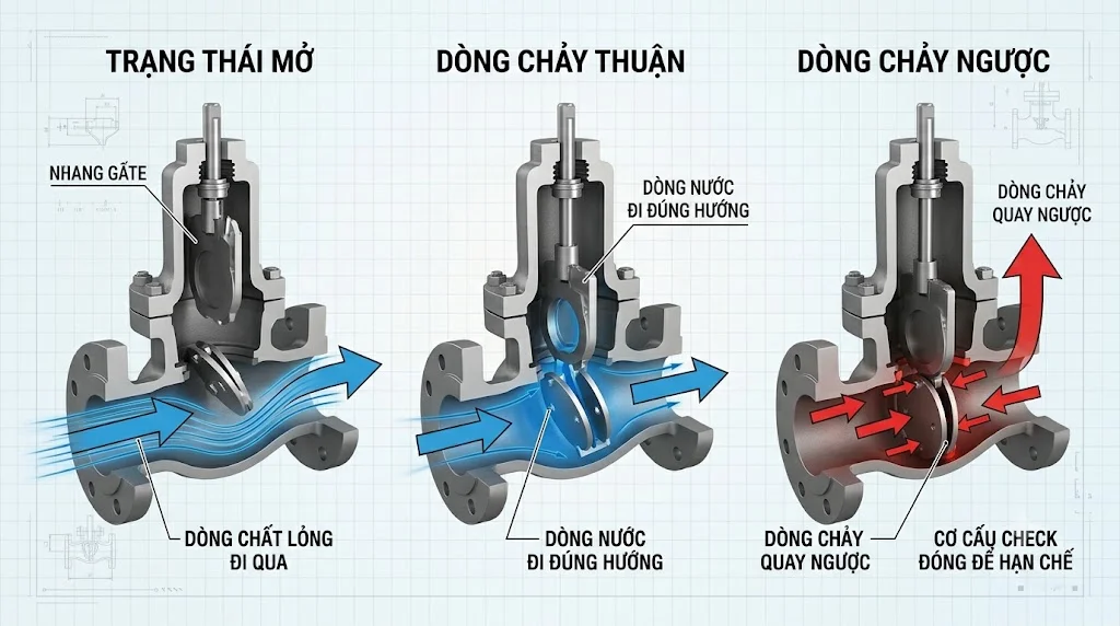 Nguyên lý hoạt động của van cổng 1 chiều