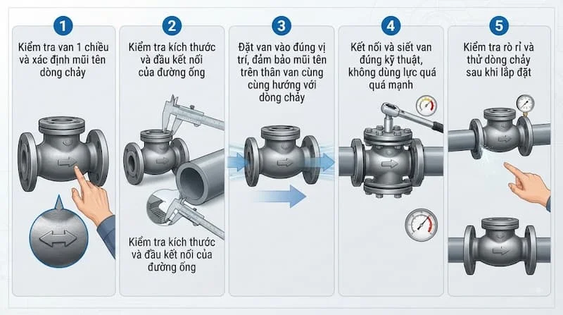 Ảnh hướng dẫn các bước lắp van một chiều