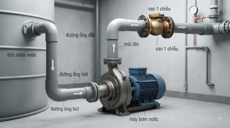 Ảnh vị trí lắp van một chiều trong hệ thống máy bơm
