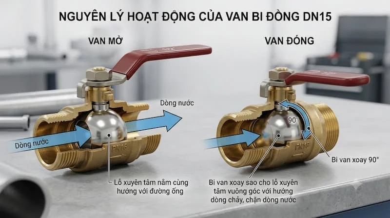 Nguyên lý đóng mở van bi đồng DN15