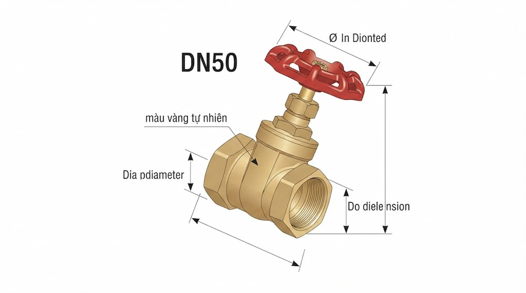 Ảnh minh họa kích thước và vị trí DN50