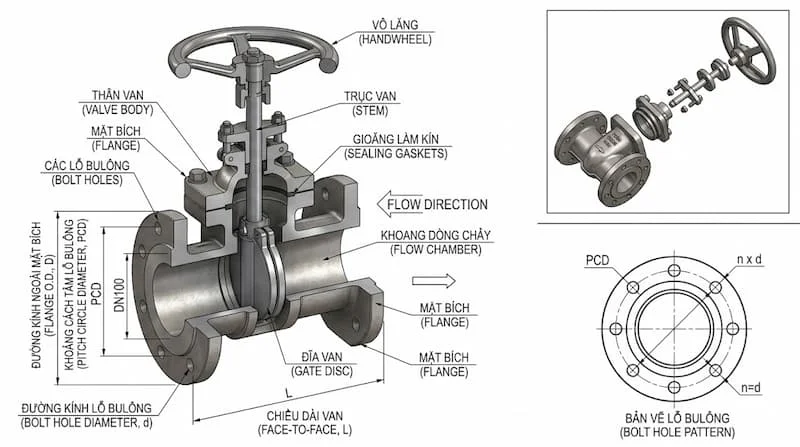 Cấu tạo và kích thước van mặt bích D100