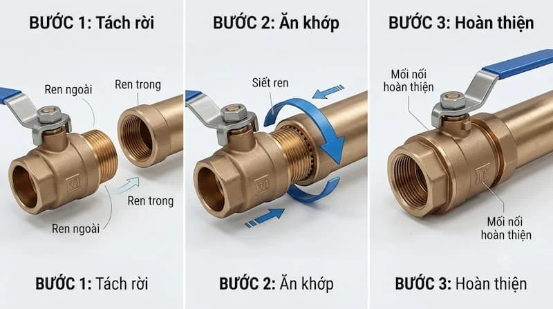 Minh họa cách kết nối van nước ren ngoài