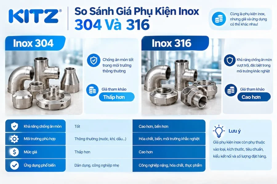So sánh giá phụ kiện inox 304 và inox 316