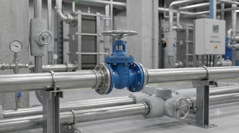 Van cổng inox màu xanh trong hệ thống đường ống