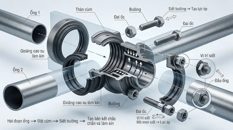 Cấu tạo và cách cùm nối ống hoạt động