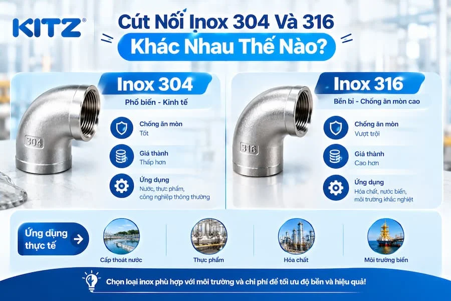 So sánh cút nối inox 304 và 316