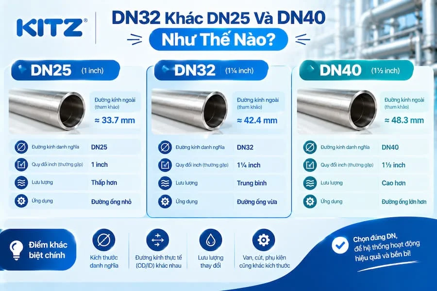 So sánh DN32 khác DN25 và DN40 như thế nào