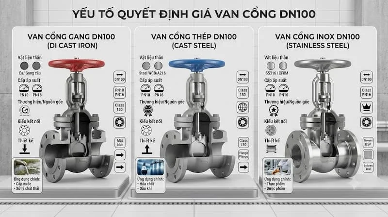So sánh các loại van cổng DN100 ảnh hưởng đến giá