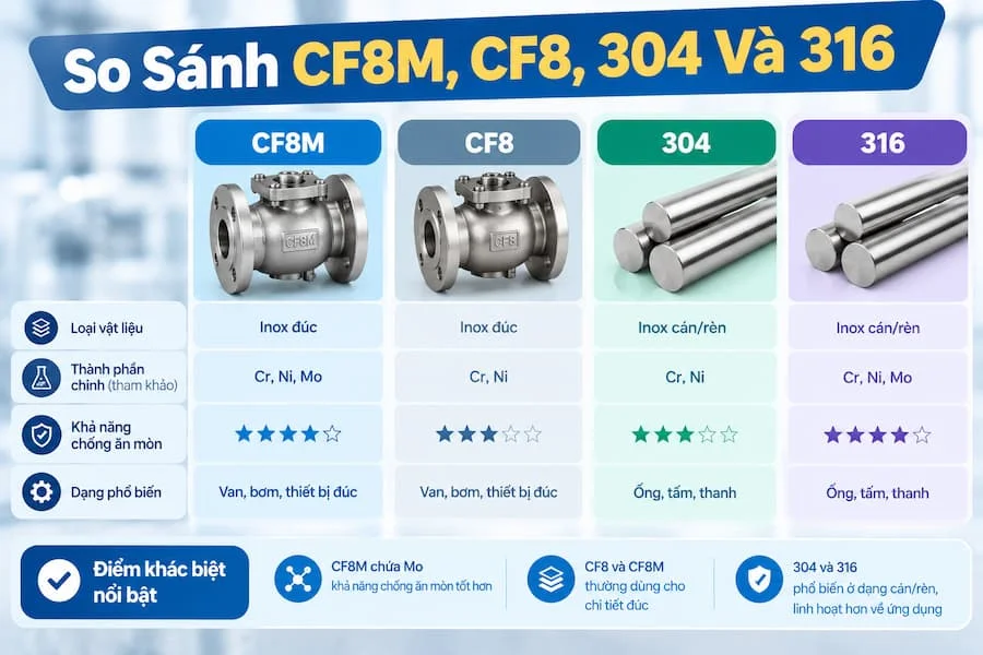 So Sánh CF8M, CF8, 304 Và 316