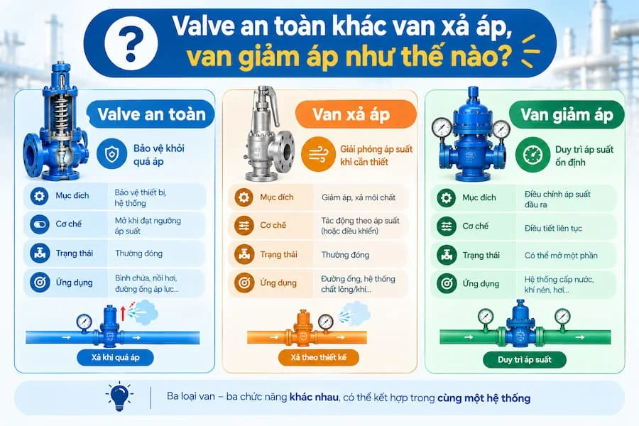 So sánh Van an toàn, van xả sp, van giảm áp