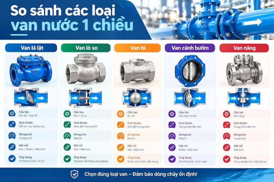 So sánh các loại van nước 1 chiều