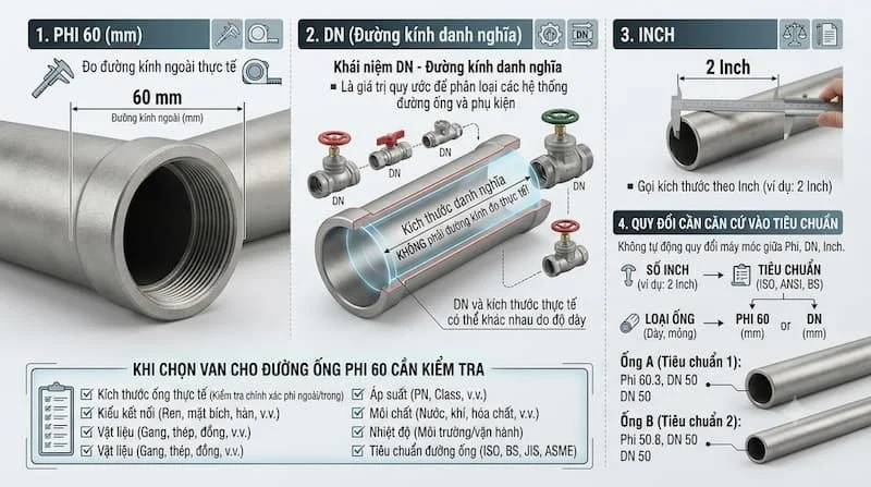 So sánh phi 60, DN và inch khi chọn van