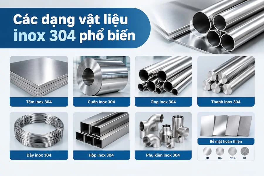 Các vật liệu từ Inox 304 phổ biến hiện nay