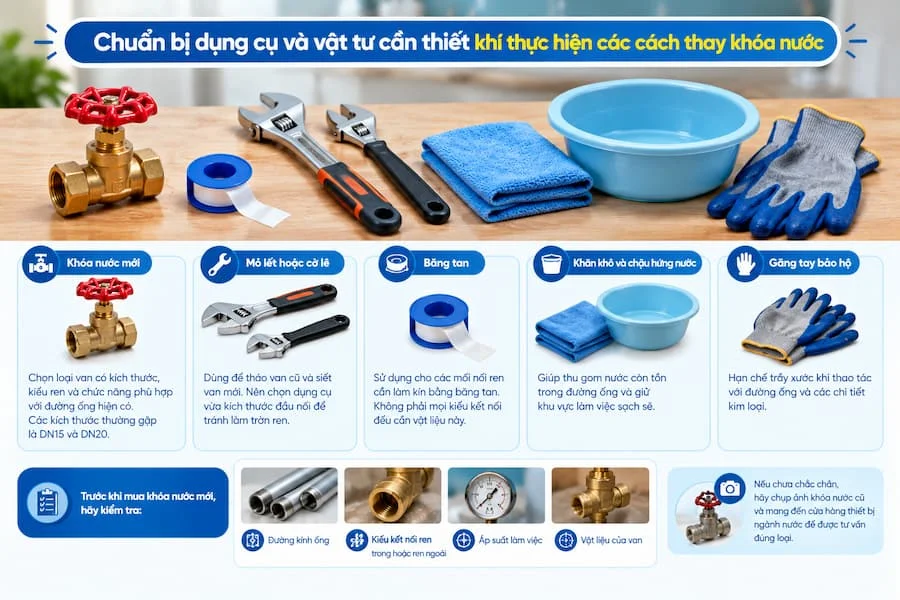 Những dụng cụ cần chuyển bị để thay khóa nước