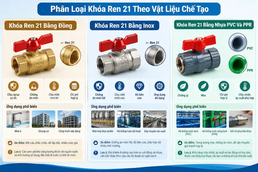 Phân loại van nước ren 21 theo vật liệu chế tạo