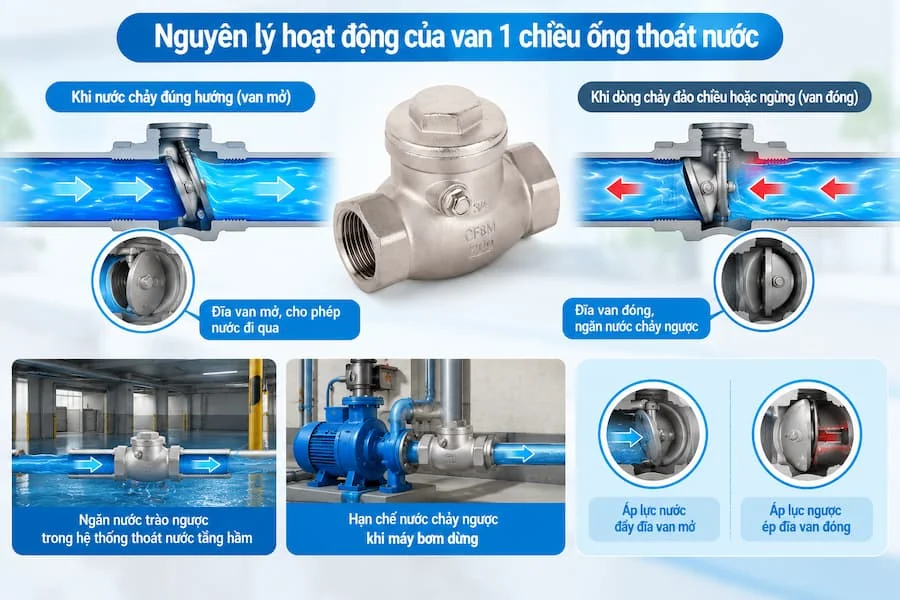 Nguyên lý hoạt động của van một chiều ống thoát nước