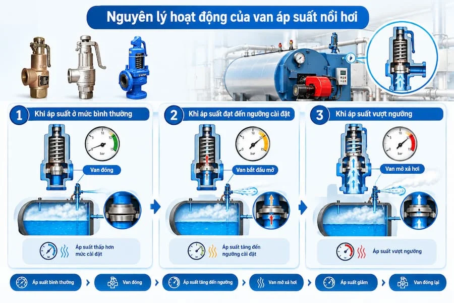 Nguyên lý hoạt động của valve áp suất nồi hơi