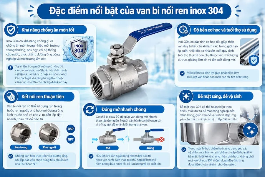 Đặc điểm nổi bật của van bi nối ren inox 304