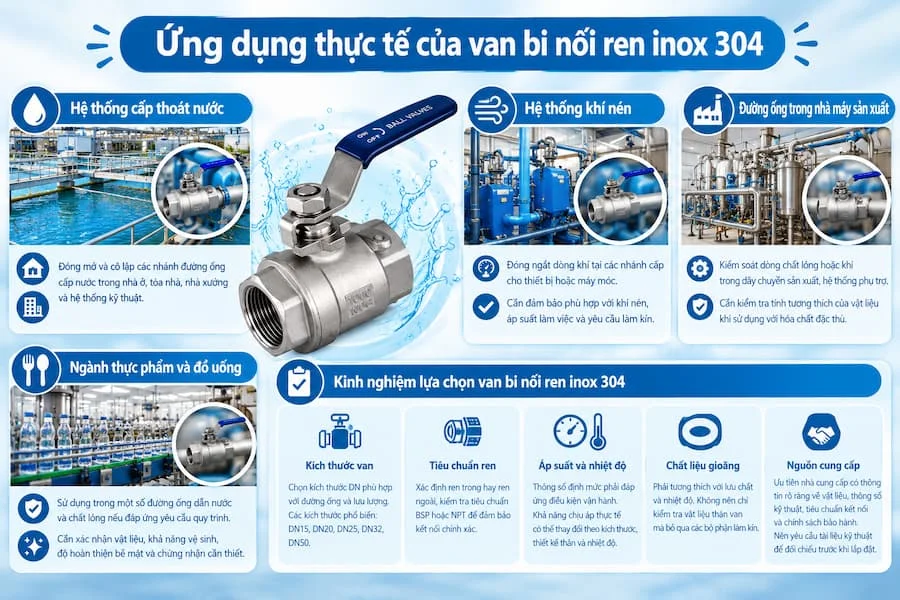 Ứng dụng thực tế của valve bi nối ren inox 304