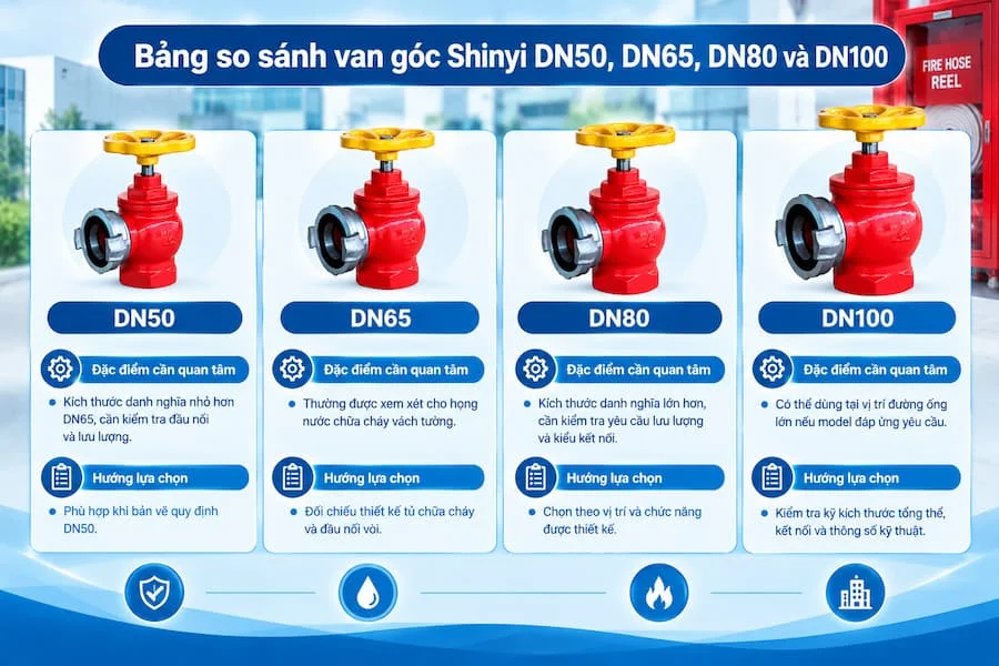 Bảng so sánh van góc DN50, DN65, DN80 và DN100
